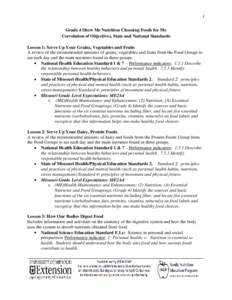 1 Grade 4 Show Me Nutrition Choosing Foods for Me Correlation of Objectives, State and National Standards Lesson 1: Serve Up Your Grains, Vegetables and Fruits A review of the recommended amounts of grains, vegetables an