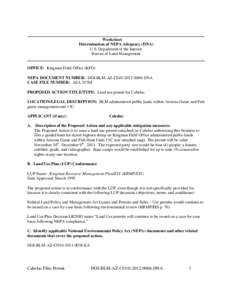 Worksheet Determination of NEPA Adequacy (DNA) U.S. Department of the Interior Bureau of Land Management  OFFICE: Kingman Field Office (KFO)