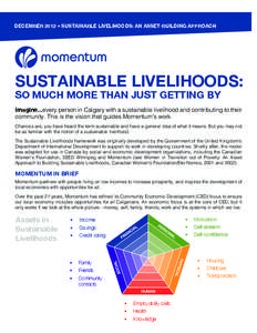 DECEMBER 2012 • SUSTAINABLE LIVELIHOODS: AN ASSET-BUILDING APPROACH  SUSTAINABLE LIVELIHOODS: SO MUCH MORE THAN JUST GETTING BY  Imagine...every person in Calgary with a sustainable livelihood and contributing to their