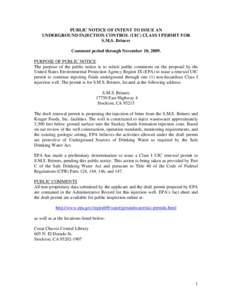 Public Notice Of Intent To Issue An Underground Injection Control Class I Permit For S.M.S. Briners