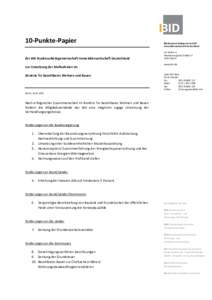 10-Punkte-Papier der BID Bundesarbeitsgemeinschaft Immobilienwirtschaft Deutschland zur Umsetzung der Maßnahmen im Bündnis für bezahlbares Wohnen und Bauen  BID Bundesarbeitsgemeinschaft