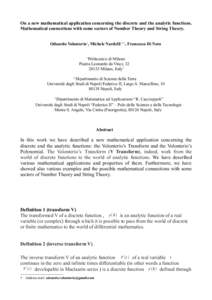 On a new mathematical application concerning the discrete and the analytic functions. Mathematical connections with some sectors of Number Theory and String Theory. Odoardo Volonterio1, Michele Nardelli 2,3 , Francesco D