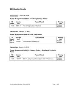 2014 Auction Results  Auction Date: October 30, 2014 Forest Management Unit # 67 – Cranberry Portage District TS Sale #