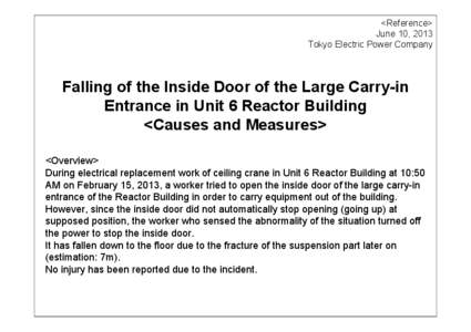 <Reference> June 10, 2013 Tokyo Electric Power Company Falling of the Inside Door of the Large Carry-in Entrance in Unit 6 Reactor Building