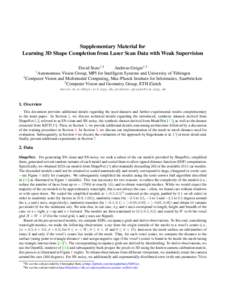Supplementary Material for Learning 3D Shape Completion from Laser Scan Data with Weak Supervision David Stutz1,2 Andreas Geiger1,3 1 Autonomous Vision Group, MPI for Intelligent Systems and University of T¨ubingen