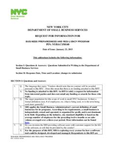 NEW YORK CITY DEPARTMENT OF SMALL BUSINESS SERVICES REQUEST FOR INFORMATION FOR BUSINESS PREPAREDNESS AND RESILIENCY PROGRAM  PIN: NYBAC150140