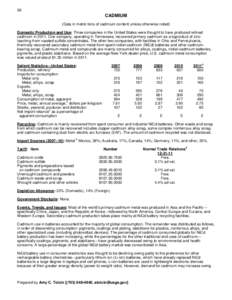 36  CADMIUM (Data in metric tons of cadmium content unless otherwise noted) Domestic Production and Use: Three companies in the United States were thought to have produced refined cadmium in[removed]One company, operating 