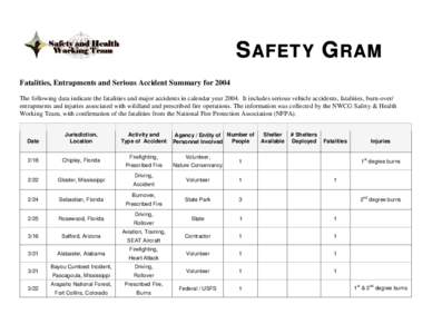 SAFETY GRAM Fatalities, Entrapments and Serious Accident Summary for 2004 The following data indicate the fatalities and major accidents in calendar year[removed]It includes serious vehicle accidents, fatalities, burn-over