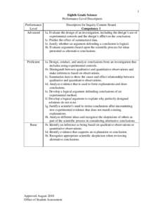 1 Eighth Grade Science Performance Level Descriptors Performance Descriptors for Inquiry Content Strand Level