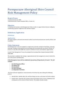 Pormpuraaw Aboriginal Shire Council Risk Management Policy Head of Power Local Government Act 2009 Local Government Finance Standard 2005 s.13 and s.16