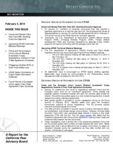 February 4, 2014 INSIDE THIS ISSUE House and Senate Pass New Farm Bill; Awaiting Executive Approval Upcoming APHIS Technical