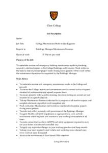 Clare College Job Description Name: Job Title:  College Maintenance/Multi-skilled Engineer