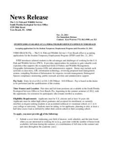 News Release The U.S. Fish and Wildlife Service South Florida Ecological Services Office 1339 20th Street Vero Beach, FL[removed]Nov. 21, 2011