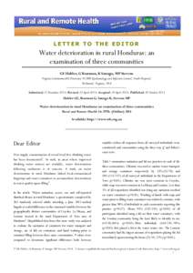 LETTER TO THE EDITOR  Water deterioration in rural Honduras: an examination of three communities GE Halder, G Bearman, K Sanogo, MP Stevens Virginia Commonwealth University VCUHS Epidemiology and Infection Control, North