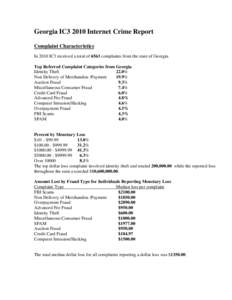 Georgia IC3 2010 Internet Crime Report Complaint Characteristics In 2010 IC3 received a total of 6563 complaints from the state of Georgia. Top Referred Complaint Categories from Georgia Identity Theft 22.0%