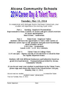 Alcona Community Schools  Tuesday, May 13, 2014 In cooperation with Michigan Works! Northeast Consortium, your student will experience this exciting 3-part event. Part 1:
