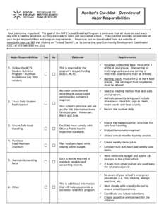 Monitor’s Checklist – Overview of Major Responsibilities Your job is very important! The goal of the ONFE School Breakfast Program is to ensure that all students start each day with a healthy breakfast, so they are r