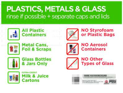 PLASTICS, METALS & GLASS rinse if possible + separate caps and lids All Plastic Containers  NO Styrofoam