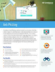 Anti-Phishing Cyveillance Anti-Phishing solutions protect your business from the earliest stages of a phishing attack, including pharming and malware, to the takedown and removal of phishing websites. This turnkey soluti