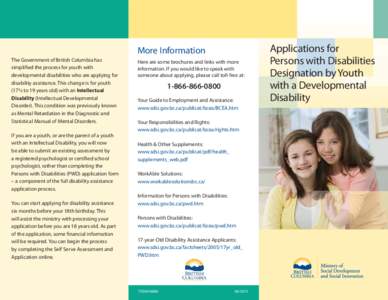 More Information The Government of British Columbia has simplified the process for youth with developmental disabilities who are applying for disability assistance. This change is for youth (17½ to 19 years old) with an