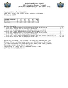 Scoring Summary (Final[removed]Houston Cougar Football #19 Houston vs #22 Penn State (Jan 1, 2012 at Dallas, Texas) Houston[removed]vs. Penn State[removed]Date: Jan 1, 2012 • Site: Dallas, Texas • Stadium: Cotton Bowl