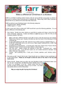 Make a difference! Christmas in a shoebox FARR is committed to building positive futures in De Aar and would like to encourage our clients on their way to a positive future by giving each a Christmas gift. Please help FA