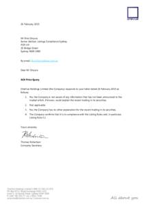26 February[removed]Mr Elvis Onyura Senior Adviser, Listings Compliance Sydney ASX Ltd 20 Bridge Street