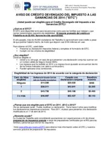 1401 John F. Kennedy Boulevard Edificio de Servicios Municipales, Planta Baja Filadelfia, PAAVISO DE CRÉDITO DEVENGADO DEL IMPUESTO A LAS GANANCIAS DE 2014 (