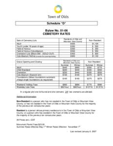 Schedule “D“ Bylaw No[removed]CEMETERY RATES Sale of Cemetery Lots  Residents of Olds and