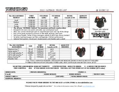 2013 OUTBACK PRICE LIST The 2013 OUTBACK TEKVEST  