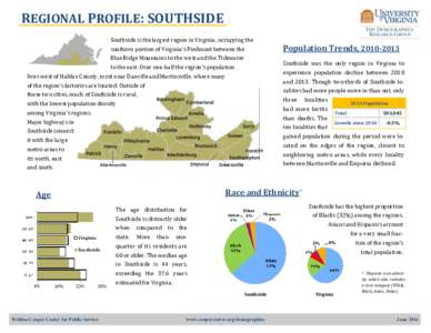 REGIONAL PROFILE: SOUTHSIDE Southside is the largest region in Virginia, occupying the southern portion of Virginia’s Piedmont between the Blue Ridge Mountains to the west and the Tidewater  Population Trends, [removed]