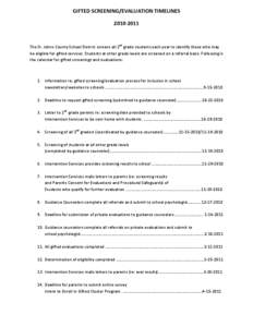 GIFTED	
  SCREENING/EVALUATION	
  TIMELINES	
   2010-­‐2011	
   	
   The	
  St.	
  Johns	
  County	
  School	
  District	
  screens	
  all	
  2nd	
  grade	
  students	
  each	
  year	
  to	
  identi