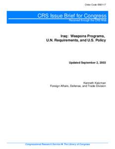Order Code IB92117  CRS Issue Brief for Congress Received through the CRS Web  Iraq: Weapons Programs,