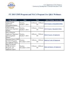 U.S. Department of the Treasury Community Development Financial Institutions Fund FY 2015 CDFI Program and NACA Program Live Q&A Webinars Type of CDFI CDFI Program