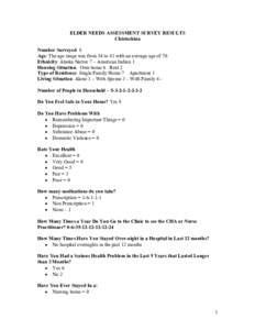 ELDER NEEDS ASSESSMENT SURVEY RESULTS  Chistochina  Number Surveyed: 8  Age: The age range was from 54 to 81 with an average age of 70.  Ethnicity: Alaska Native 7 – American Indian 1  Ho