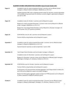 BLUEPRINT PAYMENT IMPLEMENTATION CALENDAR: August through October 2012 August 8 Completed rosters for newly-recognized October 1 practices sent by affected project managers to Blueprint (Barre, Burlington, Middlebury as 