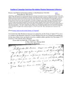 Southern Campaign American Revolution Pension Statements & Rosters Bounty Land Warrant information relating to John Henderson VAS1482 Transcribed by Will Graves vsl[removed]