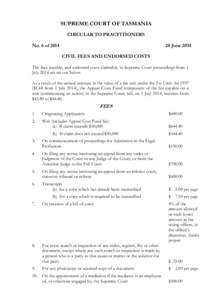 SUPREME COURT OF TASMANIA CIRCULAR TO PRACTITIONERS No. 6 of[removed]June 2014 CIVIL FEES AND ENDORSED COSTS