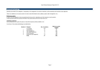 Asset Owners Disclosure ProjectScorecard methodology Questions are asked in five categories - transparency, risk management, low-carbon investment, active ownership and investment chain alignment. There is an a