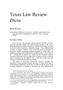 Texas Law Review Dicta Book Review SOVEREIGNTY, EMERGENCY, LEGALITY. Edited by Austin Sarat. New York, New York: Cambridge University Press, [removed]pages. $95.00.