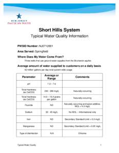 Short Hills System Typical Water Quality Information PWSID Number: NJ0712001 Area Served: Springfield Where Does My Water Come From? Three wells that use ground water supplies from the Brunswick aquifer.