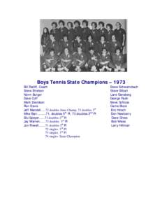 Boys Tennis State Champions – 1973 Bill Ratliff, Coach Steve Ettelson Norm Burger Dave Coff Mark Davidson