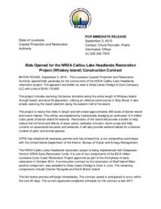 State of Louisiana Coastal Protection and Restoration Authority FOR IMMEDIATE RELEASE September 3, 2015