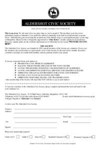 ALDERSHOT CIVIC SOCIETY Patron: His Grace the Duke of Wellington, KG LVO OBE MC DL This is our town. We all want to live in a place that we can be proud of. The last thirty years have been particularly tough on Aldershot