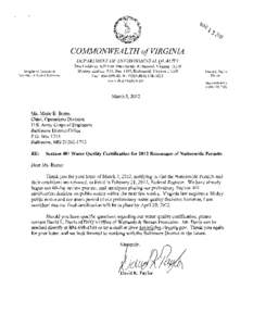 COMMONWEALTH a/VIRGINIA DEPARTMENT OF ENVIRONMENTAL QUALITY Douglas W, Domenech Sc.;retary of Natural Resources  Street address: 629 East Main Street, Richmond, Virginia 23219