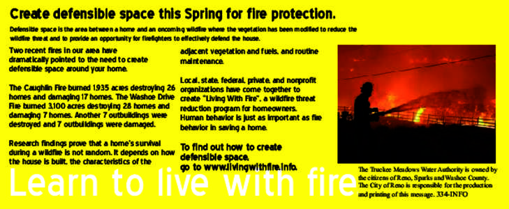 Wildland fire suppression / Nevada / Wildfires / Firefighting / Truckee Meadows Water Authority / Reno /  Nevada / Truckee Meadows / Forestry / Defensible space / Reno–Sparks metropolitan area / Natural hazards / Occupational safety and health