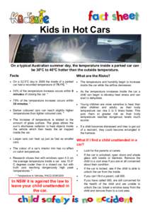 Kids in Hot Cars  On a typical Australian summer day, the temperature inside a parked car can be 30°C to 40°C hotter than the outside temperature. Facts