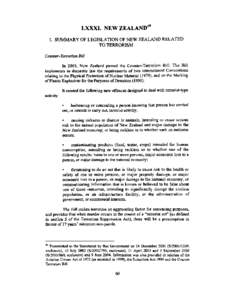 LXXXI. NEW ZEALAND 49 I. SUMMARY OF LEGISLATION OF NEW ZEALAND RELATED TO TERRORISM Counter-Terrorism Bill In 2003, New Zealand passed the Counter-Terrorism Bill. The Bill implements in domestic law the requirements of t