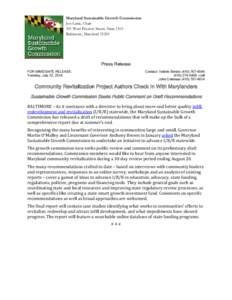 Maryland Sustainable Growth Commission Jon Laria, Chair 301 West Preston Street, Suite 1101 Baltimore, Maryland[removed]Press Release