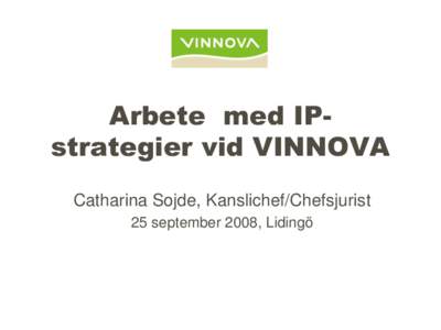 Arbete med IPstrategier vid VINNOVA Catharina Sojde, Kanslichef/Chefsjurist 25 september 2008, Lidingö Från modellavtal och nyckelaktörsprogram till IPstrategier